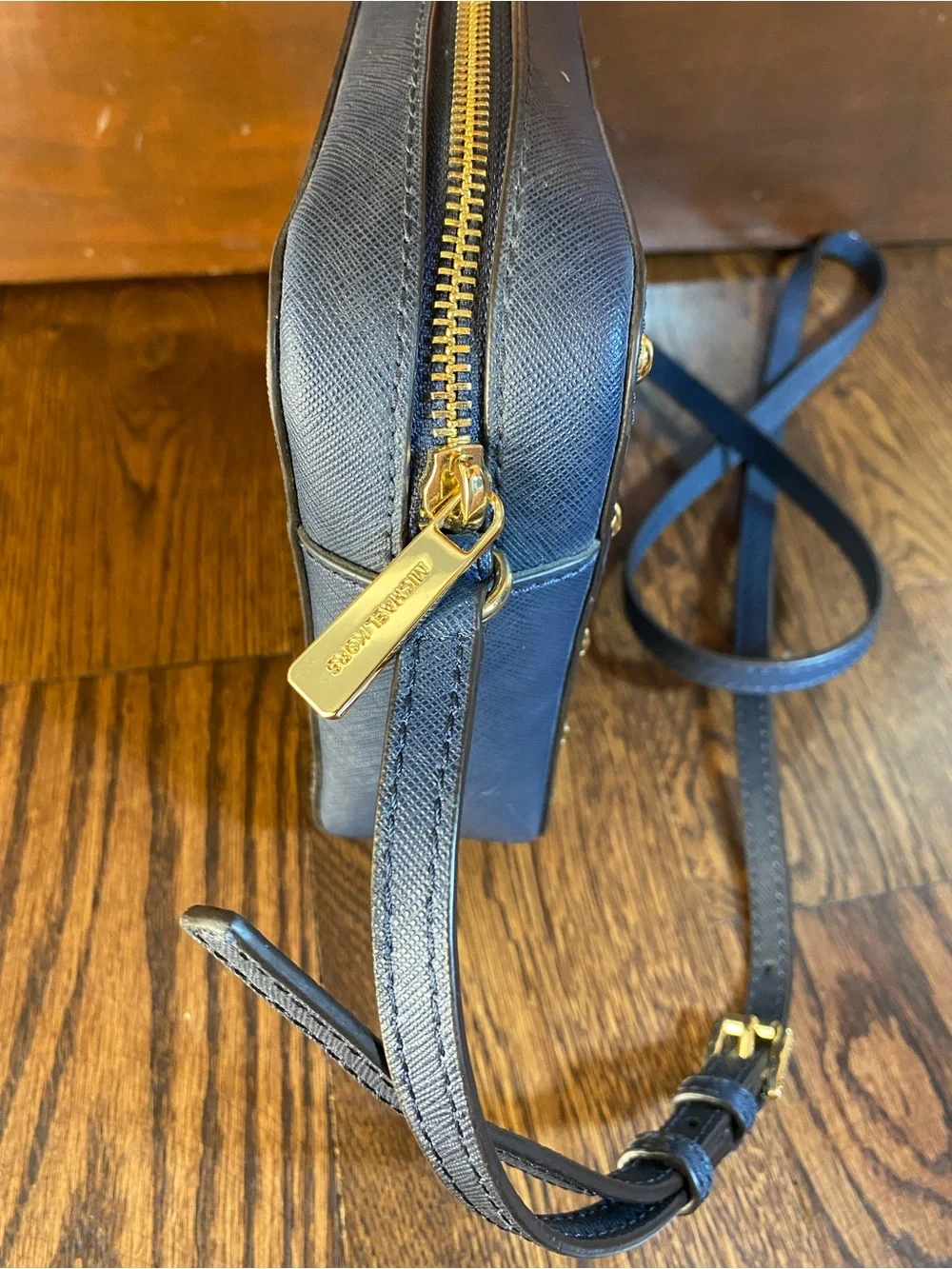 Michael Kors Sandrine Gold Studded MK EW Crossbody Bag Navy Saffiano Leather